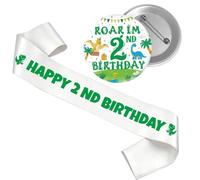 Lot de 2 décorations d'anniversaire pour garçon - Décorations sur le thème des dinosaures avec écharpe « Happy 2nd Birthday Roar I'm 2nd » pour garçons de deux ans