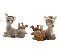 Lot de 2 décorations de cerf, rennes décoratifs, avec bonnet et cache-oreilles, figurines de chevreuils, figurines de rennes, cerfs avec renard, chouette et écureuil en céramique gris pailleté ; L/l/H