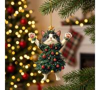 Lot de 2 décorations de Noël en acrylique en forme de chat - Pendentif plat à suspendre avec chapeau de Père Noël - Décoration de rétroviseur de voiture - Décoration festive pour la maison