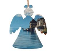 Lot de 2 décorations de Noël en bois à suspendre avec ficelle - 4 styles - Motif lac Léman - Pour sapin de Noël - Décoration de vacances d'hiver