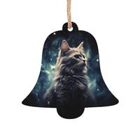 Lot de 2 décorations de Noël en bois à suspendre en forme de chat dans une nébuleuse pour sapin de Noël en forme de cloche, étiquettes de vœux de Noël rustiques à suspendre pour décoration de Noël