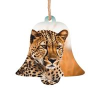 Lot de 2 décorations de Noël en bois en forme de cloche, guépard attendant une opportunité pour sapin de Noël, étiquettes de vœux de Noël rustiques à suspendre pour décoration de la maison