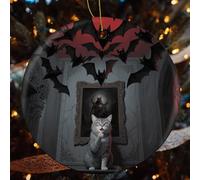 Lot de 2 décorations de Noël en céramique pour décoration d'arbre - Thème tête de mort d'horreur, chat, ferme, décoration de Noël, pendentif rond à suspendre pour sapin de Noël (7,1 cm)