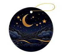 Lot de 2 décorations de Noël rondes en céramique de 7,1 cm, décoration de sapin de Noël imprimée double face, il y a des étoiles et une lune dessus pour sapin de Noël, vacances d'hiver, décoration