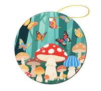 Lot de 2 décorations de Noël rondes en céramique de 7,1 cm, décoration de sapin de Noël imprimée double face, papillons et champignons pour sapin de Noël, vacances d'hiver, décoration d'intérieur et