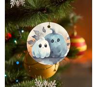 Lot de 2 décorations de sapin de Noël 2024 en céramique de forme ronde avec deux fantômes en forme de citrouille à suspendre pour sapin de Noël, fête de famille, vacances