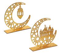 Lot de 2 décorations de table en bois pour Ramadan, motif lune et étoile creuse, style islamique, idéal pour une fête musulmane, décoration de ta