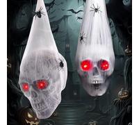 Lot de 2 décorations d'Halloween à suspendre en forme de crâne effrayant avec yeux rouges et araignées LED pour fête, maison, cour, intérieur et extérieur (A)
