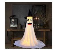Lot de 2 décorations d'Halloween d'extérieur avec chapeau, télécommande et guirlande lumineuse LED, fantôme lumineux pour extérieur, porche, jardin, cour, fête d'Halloween (fantôme aux yeux ronds à