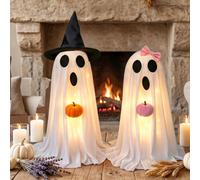 Lot de 2 décorations d'Halloween d'intérieur - Joli fantôme effrayant lumineux pour décoration d'extérieur, fantôme d'Halloween éclairé avec chapeau de sorcière et citrouille pour table, entrée