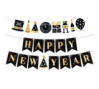 Lot de 2 décorations Happy New Year, décorations de réveillon noir et or, fleur à tirer, bannière déjà montée sans montage, lettres à dorure brillante, fond photo festif pour fête du Nouvel An