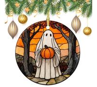 Lot de 2 décorations rondes à suspendre en forme de fantôme blanc tenant une citrouille d'Halloween, 7,2 cm