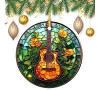 Lot de 2 décorations rondes à suspendre en forme de guitare en vitrail pour sapin de Noël 7,2 cm