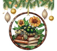Lot de 2 décorations rondes à suspendre en vitrail en forme de tortue sur livres et tournesol 7,2 cm