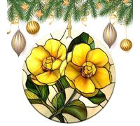 Lot de 2 décorations rondes à suspendre en vitrail pour sapin de Noël - 2 fleurs jaunes - 7,2 cm