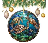 Lot de 2 décorations rondes à suspendre en vitrail pour sapin de Noël avec quatre tortues 7,2 cm