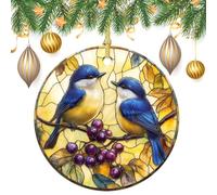 Lot de 2 décorations rondes à suspendre pour sapin de Noël en verre teinté avec deux oiseaux bleus avec baies 7,2 cm