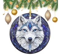 Lot de 2 décorations rondes à suspendre pour sapin de Noël en vitrail avec tête de loup Blanc 7,2 cm