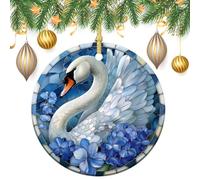 Lot de 2 décorations rondes à suspendre pour sapin de Noël en vitrail Blanc cygne bleu 7,2 cm
