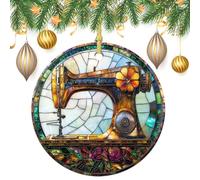 Lot de 2 décorations rondes à suspendre pour sapin de Noël en vitrail - Motif machine à coudre vintage - 7,2 cm