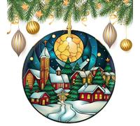 Lot de 2 décorations rondes à suspendre pour sapin de Noël en vitrail - Village d'hiver confortable la nuit - 7,2 cm