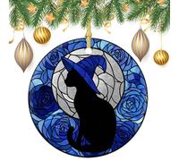 Lot de 2 décorations rondes à suspendre pour sapin de Noël Motif chat noir et chapeau de sorcière bleu 7,2 cm