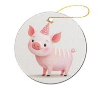Lot de 2 décorations rondes à suspendre pour sapin de Noël Motif cochon mignon portant un chapeau de fête 7,2 cm