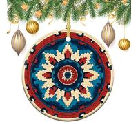 Lot de 2 décorations rondes à suspendre pour sapin de Noël - Motif de tissage indigène - Rouge et bleu - 7,2 cm