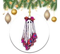 Lot de 2 décorations rondes à suspendre pour sapin de Noël Motif fantôme mignon avec gros nœud coquette 7,2 cm