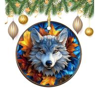 Lot de 2 décorations rondes à suspendre pour sapin de Noël Motif loup et feuille Blanc 7,2 cm