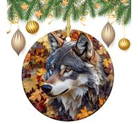 Lot de 2 décorations rondes à suspendre pour sapin de Noël Motif loup gris et feuilles d'automne 7,2 cm