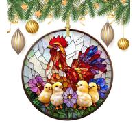 Lot de 2 décorations rondes double face à suspendre en vitrail Motif poule 7,2 cm