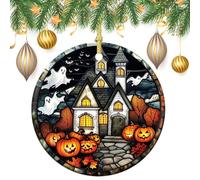 Lot de 2 décorations rondes double face à suspendre en vitrail pour sapin de Noël, citrouilles, fantôme, maison hantée effrayante, 7,2 cm