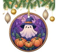 Lot de 2 décorations rondes double face en verre teinté fantôme dans un chapeau de sorcière citrouilles à suspendre pour sapin de Noël 7,2 cm