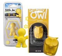 Lot de 2 désodorisants Little Joe + désodorisant Smelly Owl pour voiture à monter sur n'importe quelle grille d'aération +/- 45 jours de fraîcheur dans la voiture (vanille + citron)