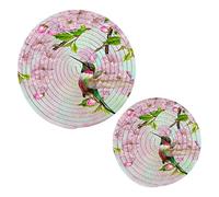 Lot de 2 dessous de plat en coton avec motif de colibri et fleurs de cerisier roses pour plats chauds, maniques et dessous de verre pour table de comptoir