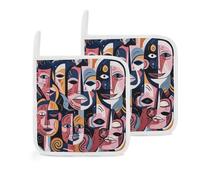 Lot de 2 dessous de plat multi-usages pour maniques de cuisine - Motif visages humains dessinés à la main - Résistants à la chaleur - Pour maniques de cuisine, pâtisserie, micro-ondes
