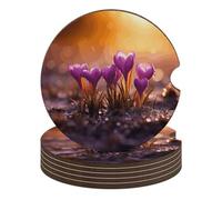 Lot de 2 dessous de verre antidérapants et absorbants pour voiture Motif crocus Violet 6,6 cm