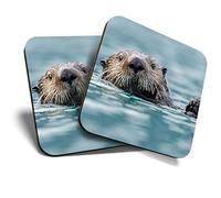 Lot de 2 dessous de verre carrés brillants de qualité pour tout type de table - Mignon loutre de mer animal #14162