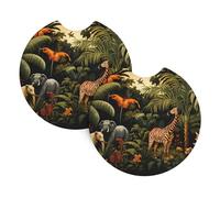 Lot de 2 dessous de verre de voiture - Motif animaux BROLEO dans la forêt tropicale - Inodore - Pour tous les porte-gobelets standard, parfaits pour les voitures, camions, SUV - 6,9 cm