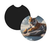 Lot de 2 dessous de verre de voiture YYHHAOFA Majestic Tigre reposant sur un rocher avec ciel nuageux imprimé sans odeur pour tous les porte-gobelets standard, parfaits pour les voitures, camions, SUV