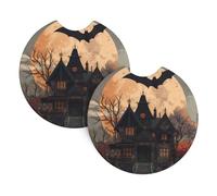 Lot de 2 dessous de verre de voiture Yyhwhjde chauve-souris et maisons hantées en caoutchouc chloroprène durable, imperméable, séchage rapide, inodore, protecteur de porte-gobelet
