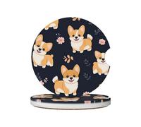 Lot de 2 dessous de verre en céramique avec imprimé Corgi souriant Kawaii, pour porte-gobelet de voiture, base en liège, pour la maison, la cuisine, le bureau, la fête, la décoration de table, accesso