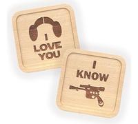 Lot de 2 dessous-de-verre inspirés de la guerre spatiale pour couple | Cadeau pour elle et lui | Mariage, 5ème anniversaire en bois, Saint-Valentin | I Love You/I Know | Lot de 2 - Article non