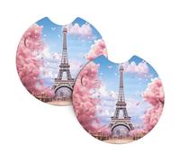 Lot de 2 dessous de verre pour voiture YYHWHJDE Paris Street Tour Eiffel Rose Motif floral Sans odeur Pour tous les porte-gobelets standard, parfaits pour les voitures, camions, SUV - 6,9 cm