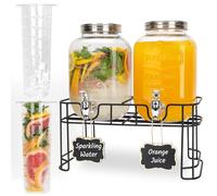 Lot de 2 distributeurs de boissons en verre pour fêtes avec support et robinet anti-fuite Distributeur de limonade avec cylindre à glace et tableau noir