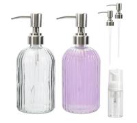 Lot de 2 distributeurs de savon en verre de 14 onces avec 2 pompes de rechange en acier inoxydable et flacon à mousse - Bouteilles de savon à main rechargeables pour le plan de travail de la cuisine