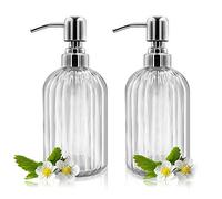 Lot de 2 distributeurs de Savon en Verre de 414 ML avec Pompe en Acier Inoxydable antirouille, Distributeur de Pot Manuel de qualité supérieure pour Salle de Bain, Cuisine, comptoir (Transparent)