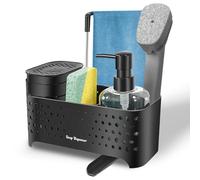 Lot de 2 distributeurs de savon et de liquide vaisselle - Organiseur 5 en 1 avec porte-éponge, porte-brosse et barre de torchon | Peu encombrant (noir)