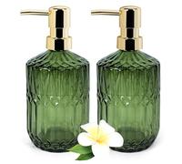 Lot de 2 distributeurs de savon liquide en verre, verts, 400 ml, avec tête de pompe en plastique, rechargeables, pour cuisine, salle de bain, distributeur de savon mousse, distributeur de liquide